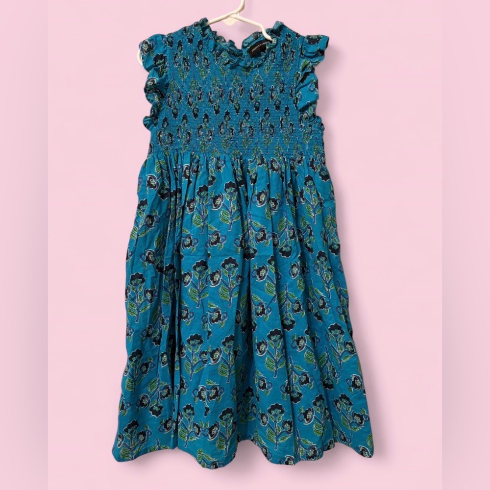 French Connection Smocked Floral Blue Green Flutter Sleeve Dress Girls Size 7/8